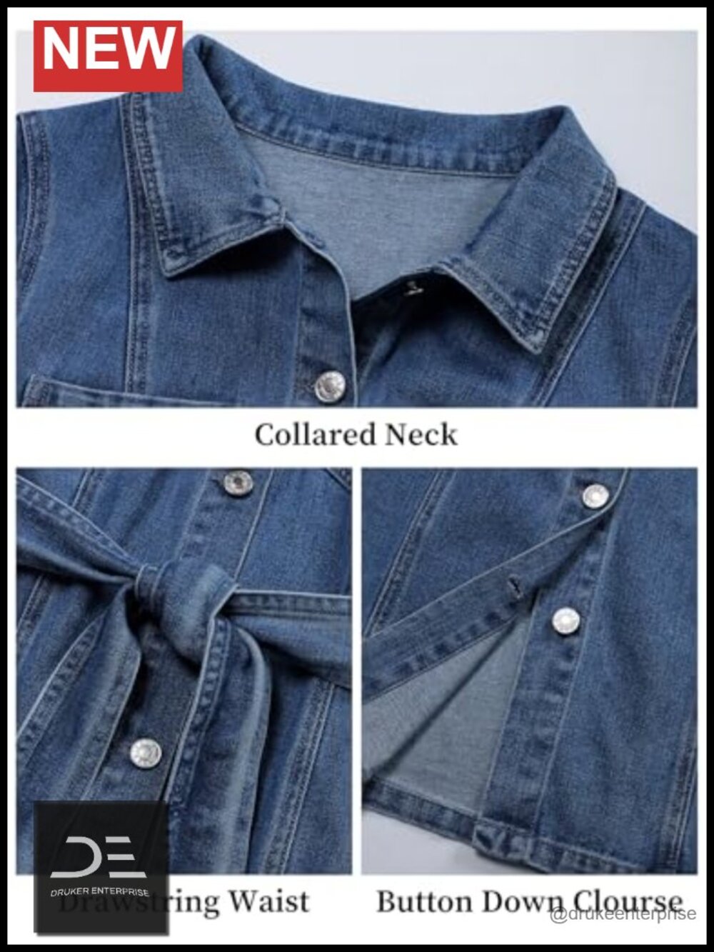 Denim Shirt Dress Button Down Drawstring Waist Short Sleeve Above Knee - Picture 4 of 5